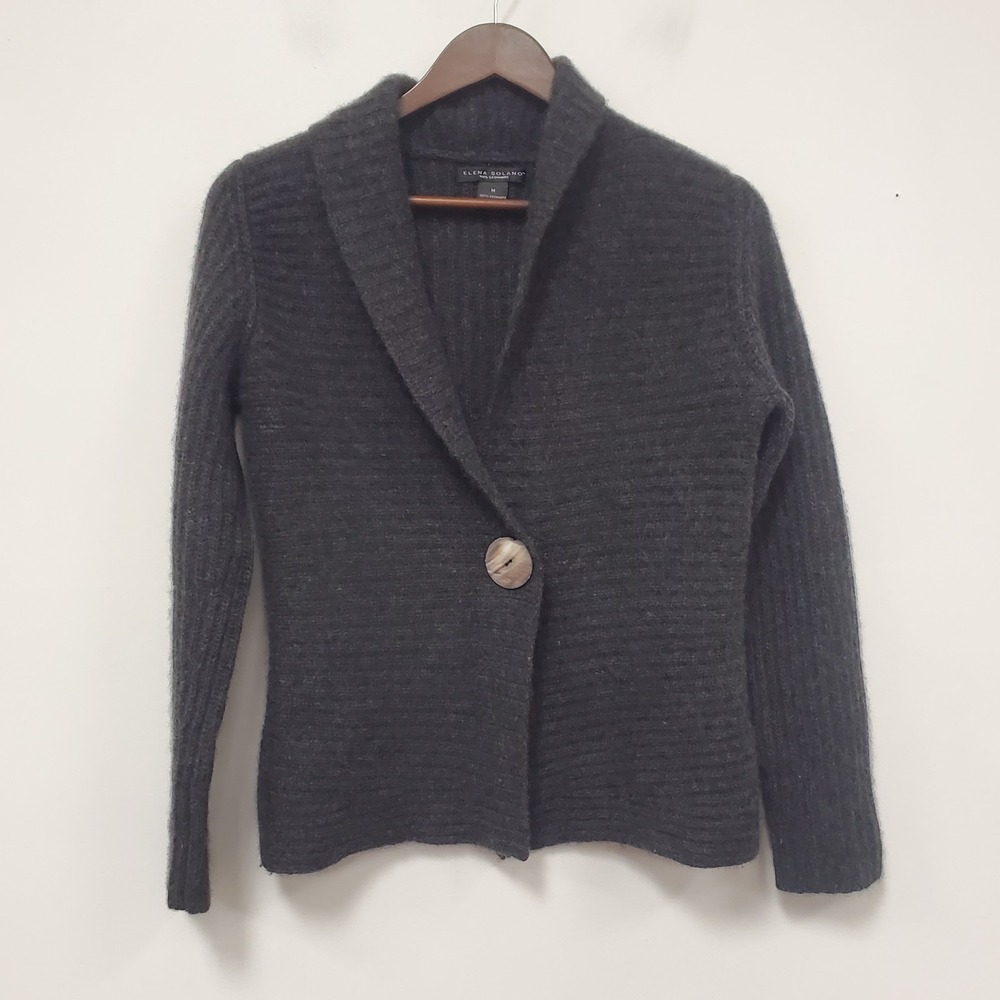 Elena Solano Womens One Button Cashmere Cardigan Size M Black Ribbed Shawl Neck